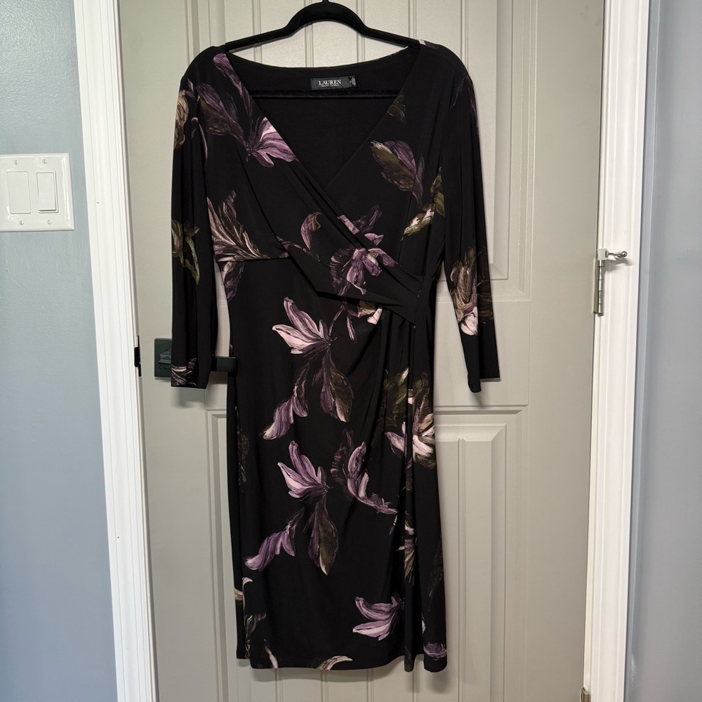 Ralph Lauren Black and Pink Sheath Dress V-neck 3/4 Sleeve